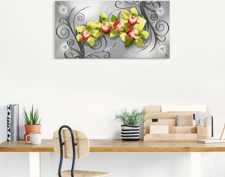 Artland Artprint Groene orchideeën op ornamenten als artprint van aluminium artprint voor buiten artprint op linnen poster muursticker