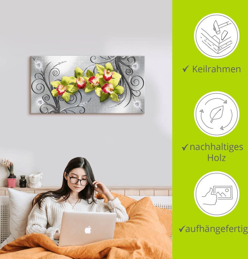 Artland Artprint Groene orchideeën op ornamenten als artprint van aluminium artprint voor buiten artprint op linnen poster muursticker