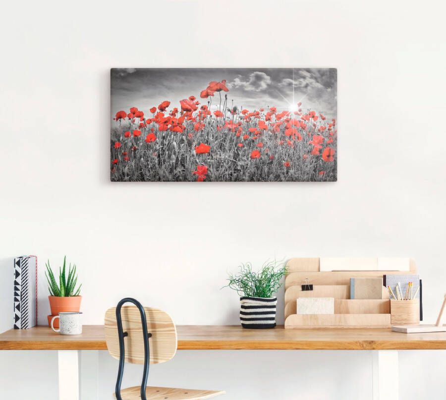 Artland Artprint Idyllisch klaprozenveld met zon als artprint van aluminium artprint voor buiten artprint op linnen poster muursticker