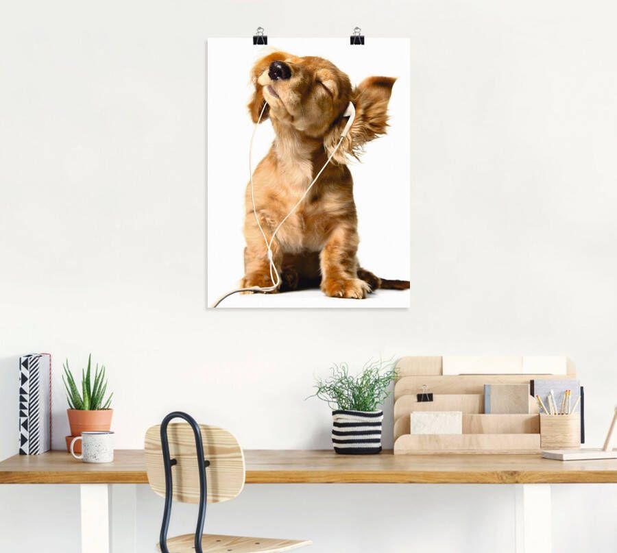 Artland Artprint Jonge hond die naar muziek door hoofdtelefoon luistert als artprint op linnen poster muursticker in verschillende maten