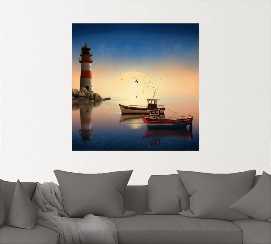 Artland Artprint Kleine haven met vuurtoren als artprint op linnen muursticker in verschillende maten