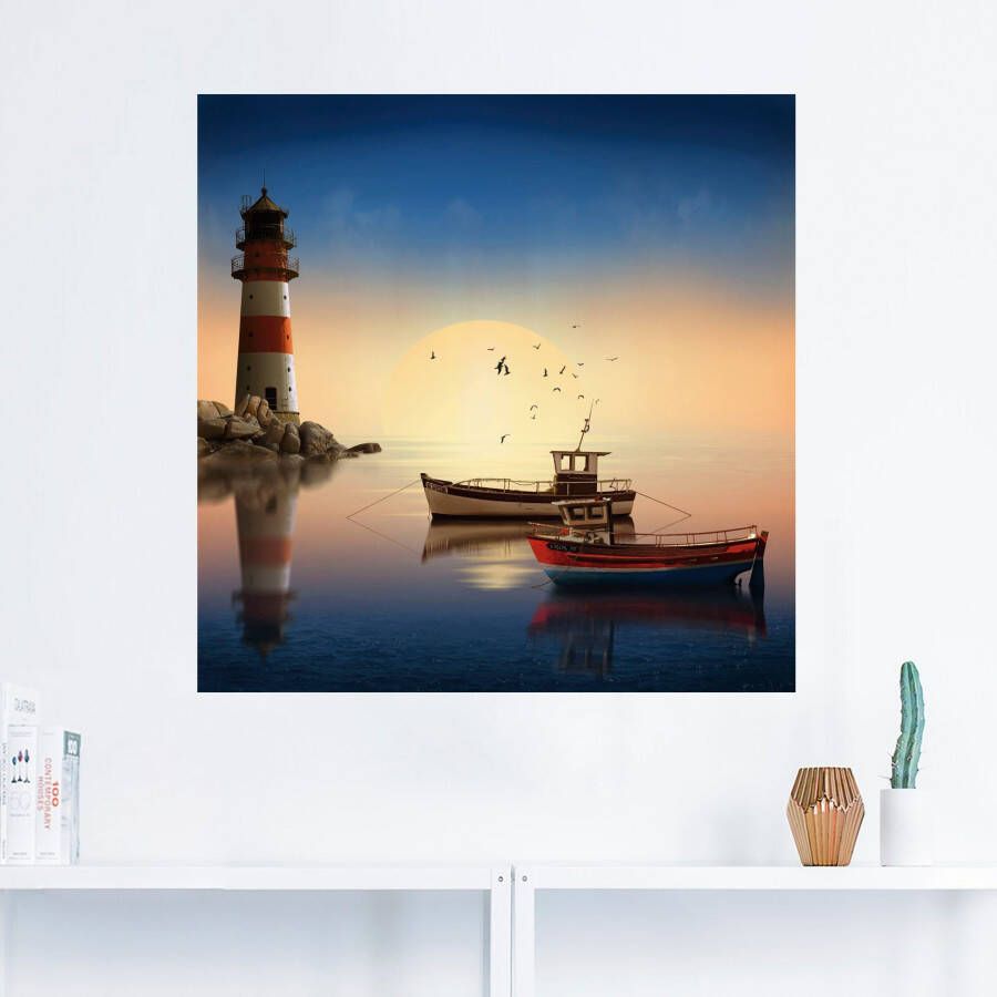 Artland Artprint Kleine haven met vuurtoren als artprint op linnen muursticker in verschillende maten