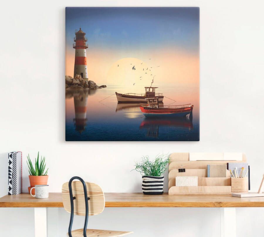 Artland Artprint Kleine haven met vuurtoren als artprint op linnen muursticker in verschillende maten