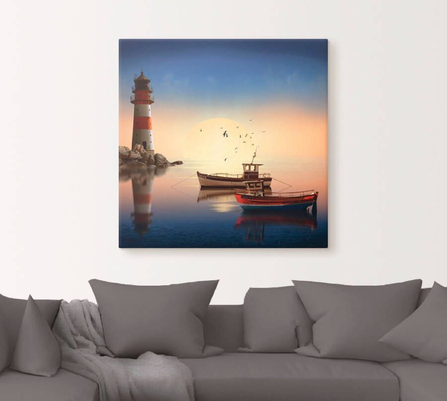 Artland Artprint Kleine haven met vuurtoren als artprint op linnen muursticker in verschillende maten