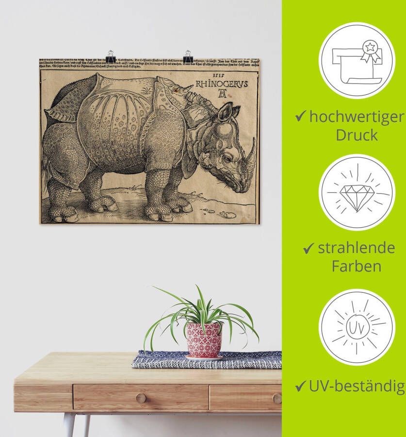 Artland Artprint Neushoorn. 1515. Voor koning Emanuel. als artprint op linnen muursticker of poster in verschillende maten