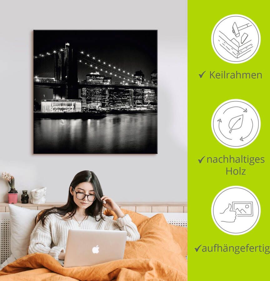 Artland Artprint New York Brooklyn Bridge 's nachts als artprint op linnen poster in verschillende formaten maten