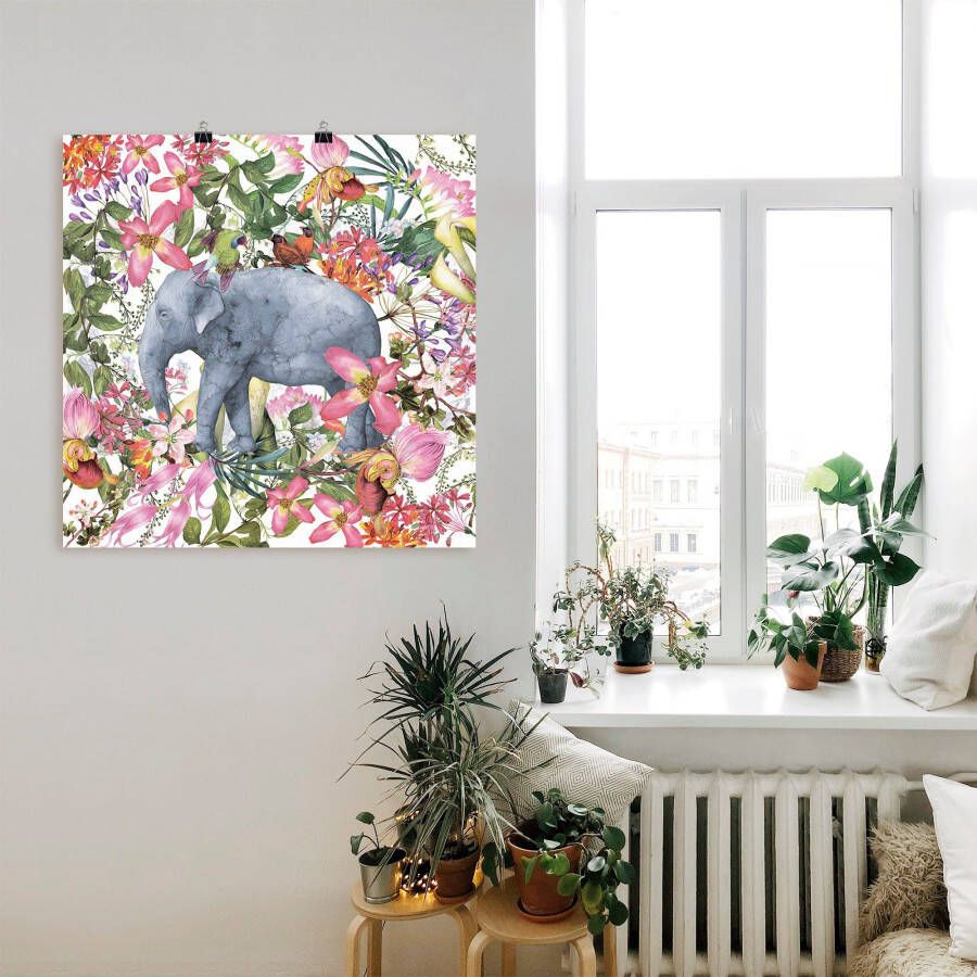 Artland Artprint Olifant in bloemen jungle als artprint op linnen poster in verschillende formaten maten