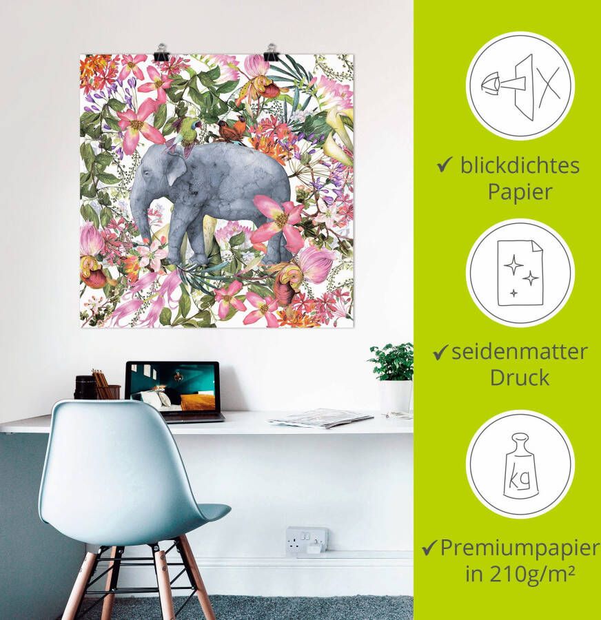 Artland Artprint Olifant in bloemen jungle als artprint op linnen poster in verschillende formaten maten