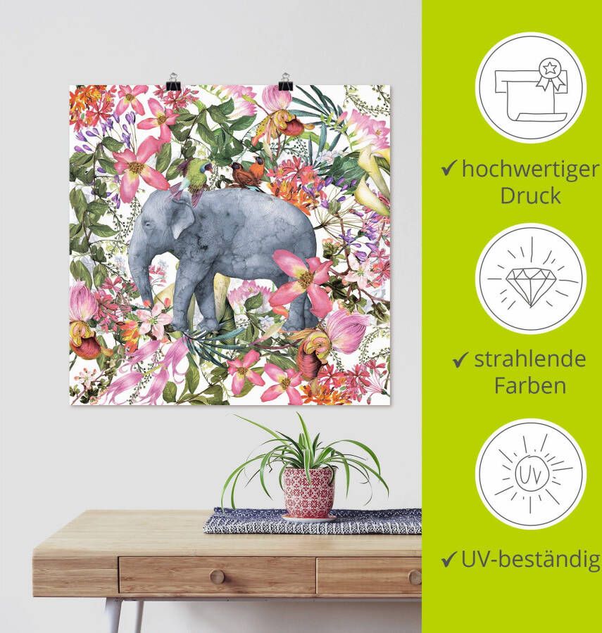 Artland Artprint Olifant in bloemen jungle als artprint op linnen poster in verschillende formaten maten