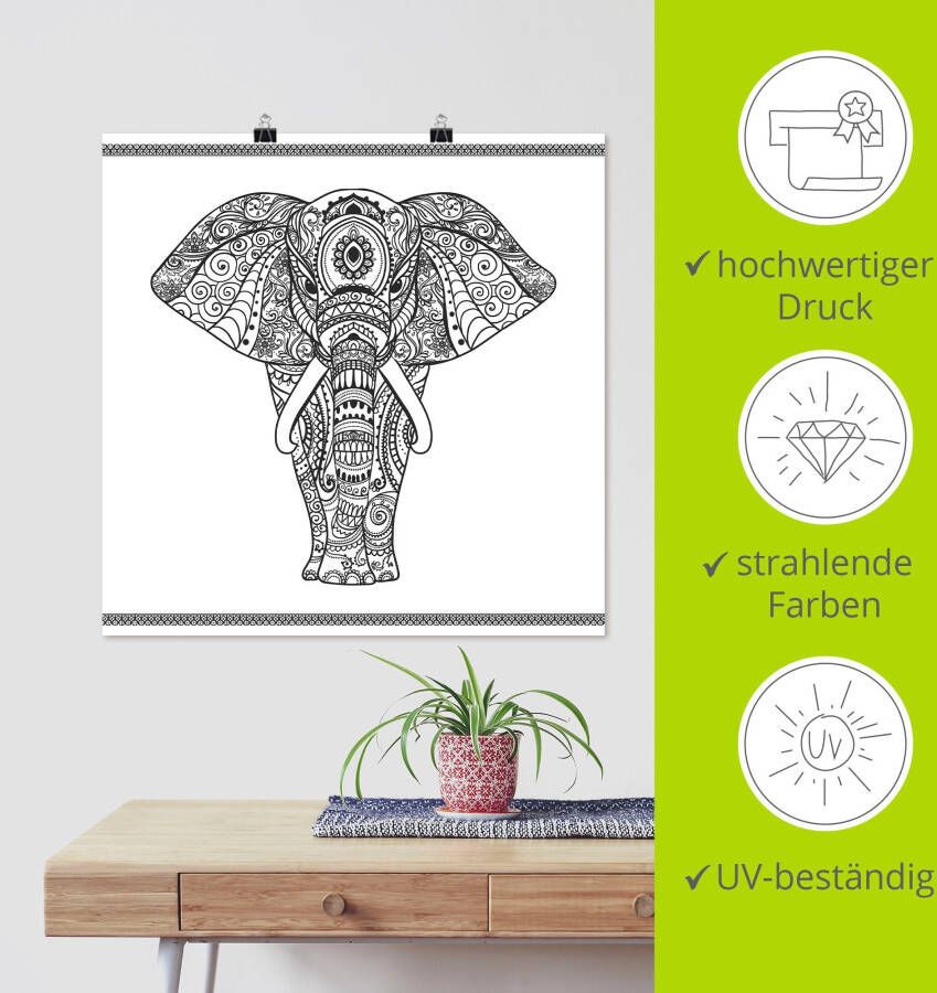 Artland Artprint Olifant in mandala als artprint op linnen poster muursticker in verschillende maten