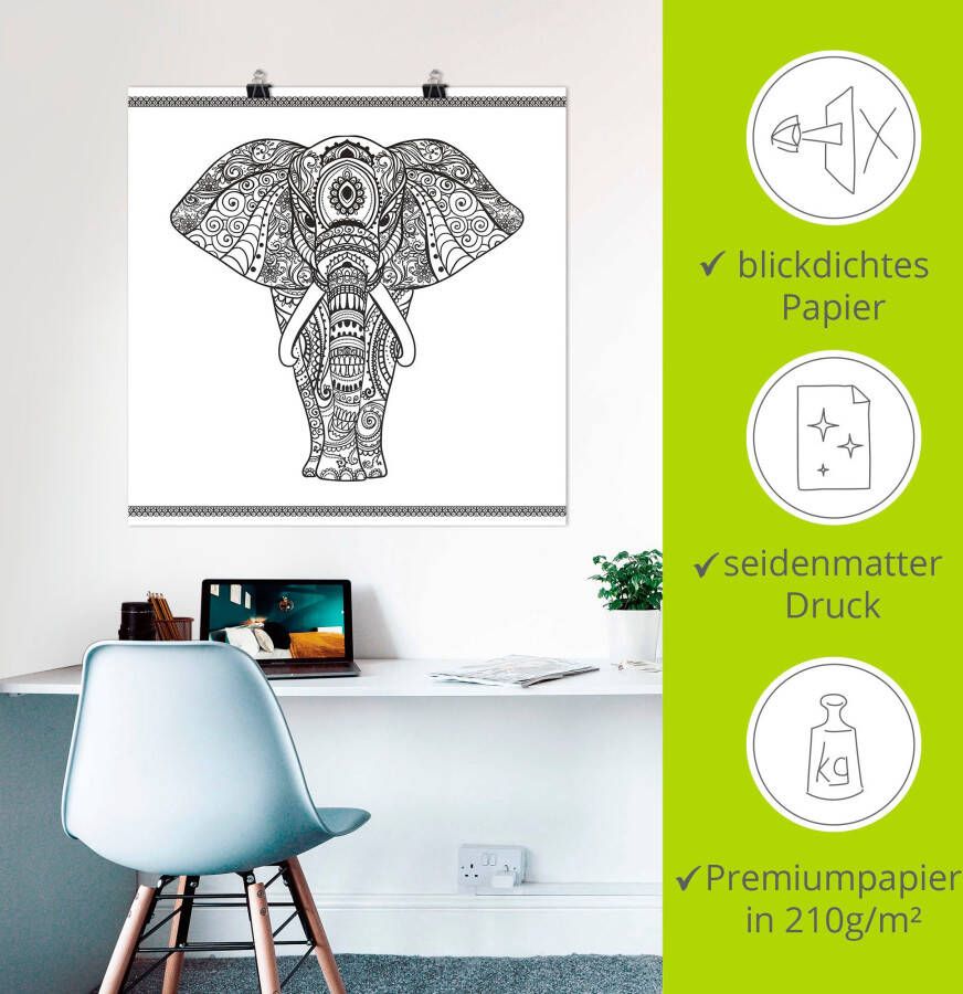 Artland Artprint Olifant in mandala als artprint op linnen poster muursticker in verschillende maten