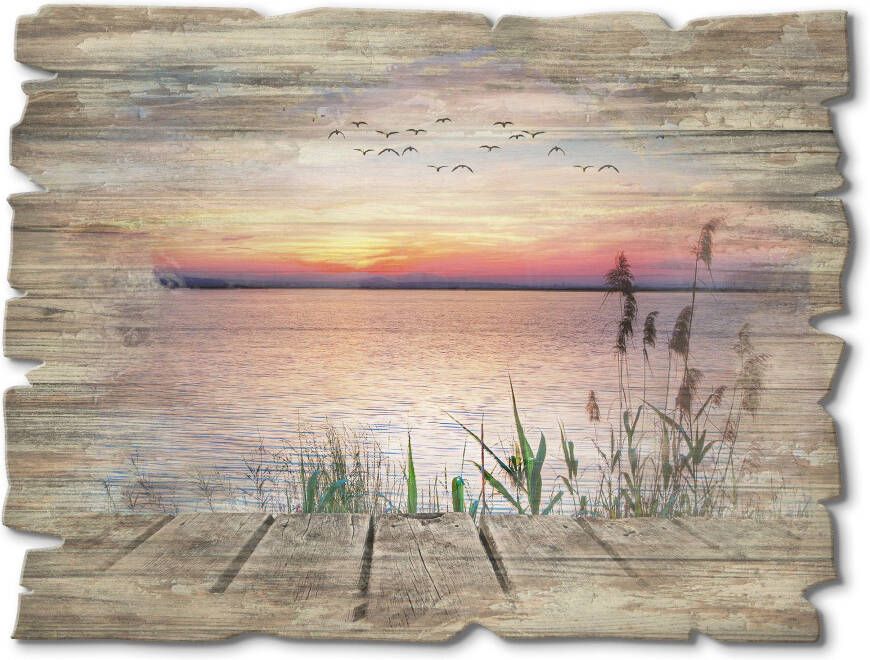 Artland Artprint op hout Het meer in de kleuren van de wolken