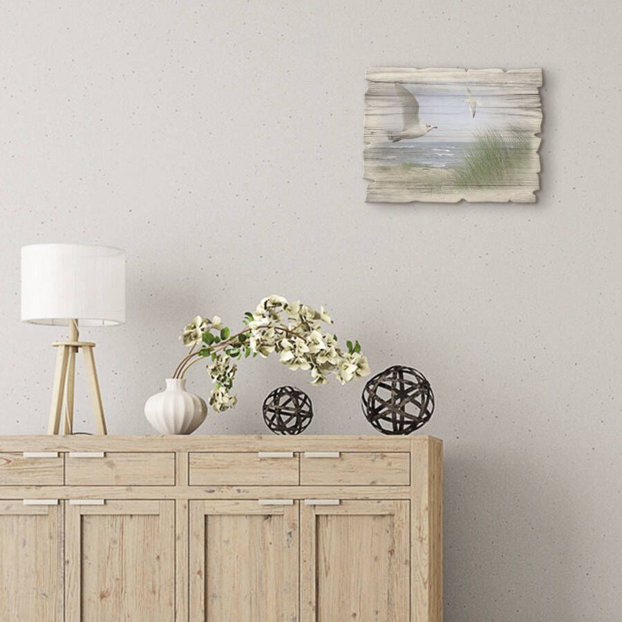 Artland Artprint op hout Noordzeestrand met meeuwen