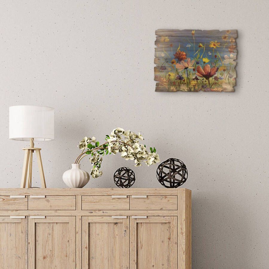 Artland Artprint op hout Weide met wilde bloemen blauwe hemel