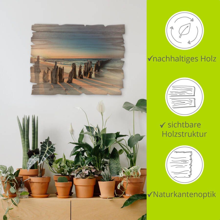 Artland Artprint op hout Zonsondergang strand golfbreker