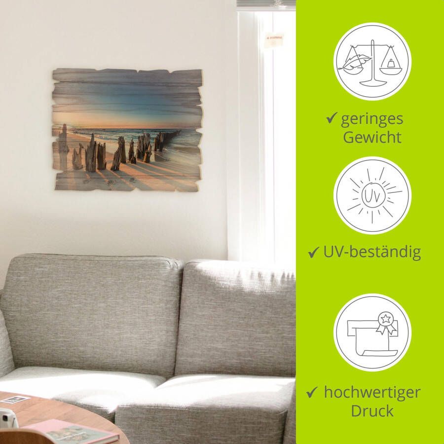 Artland Artprint op hout Zonsondergang strand golfbreker