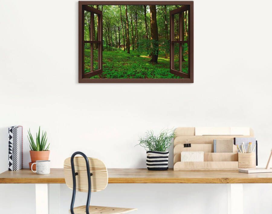 Artland Artprint op linnen Blik uit het venster panorama groen zomerbos