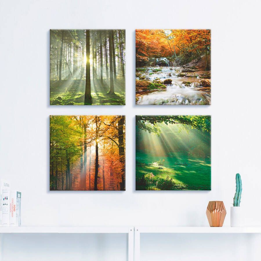 Artland Artprint op linnen Bos waterval herfstdag set van 4 verschillende maten (4-delig)