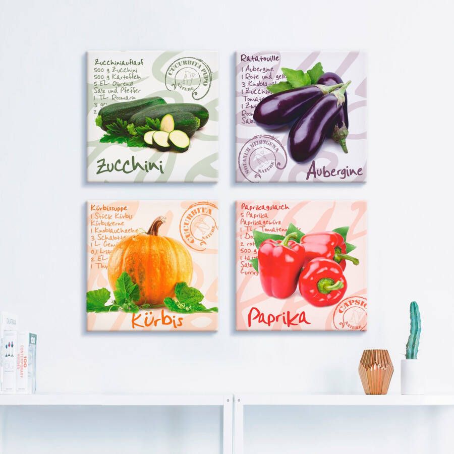 Artland Artprint op linnen Courgette aubergine pompoen paprika (4-delig)