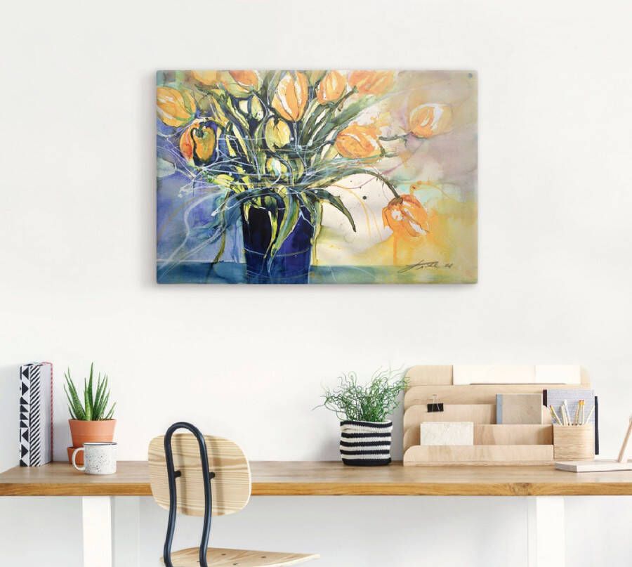 Artland Artprint op linnen Gele tulpen in zwarte vaas