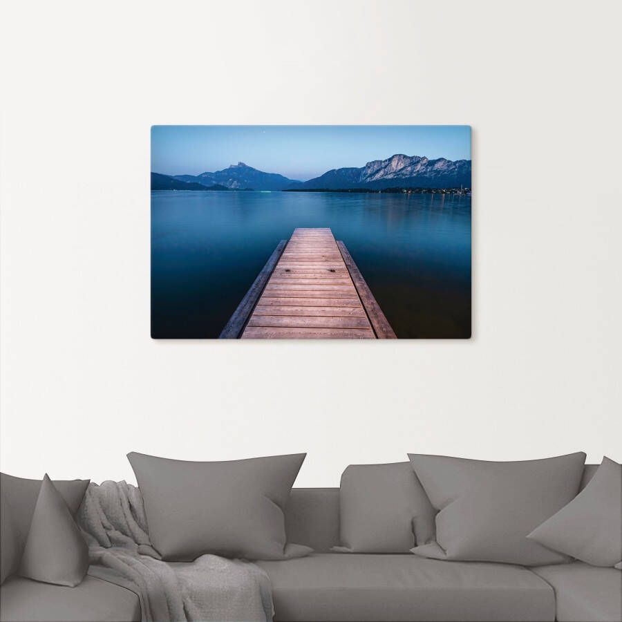 Artland Artprint op linnen Houten steiger met het oog op de Mondsee