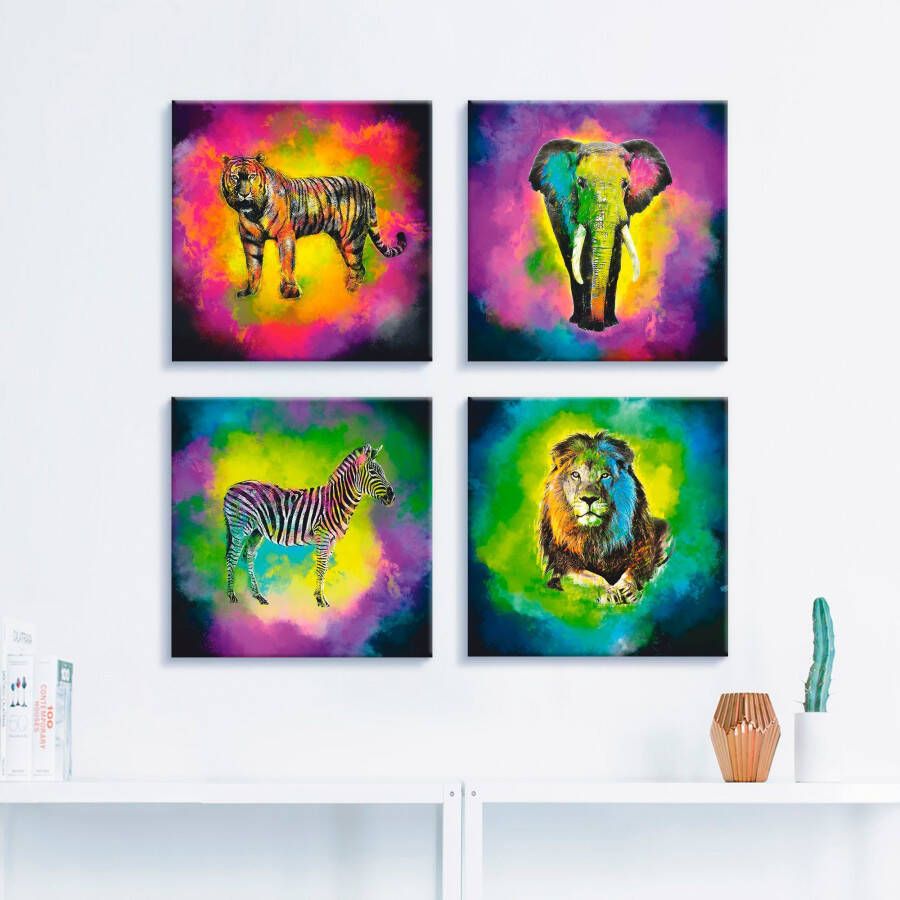 Artland Artprint op linnen Kleurexplosie olifant leeuw zebra tijger (4-delig)