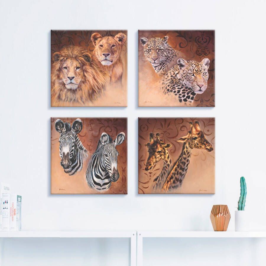 Artland Artprint op linnen Leeuwen luipaarden zebra giraffen (4-delig)