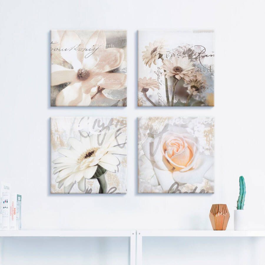 Artland Artprint op linnen Magnolia gerberas rozen in letters (4-delig)