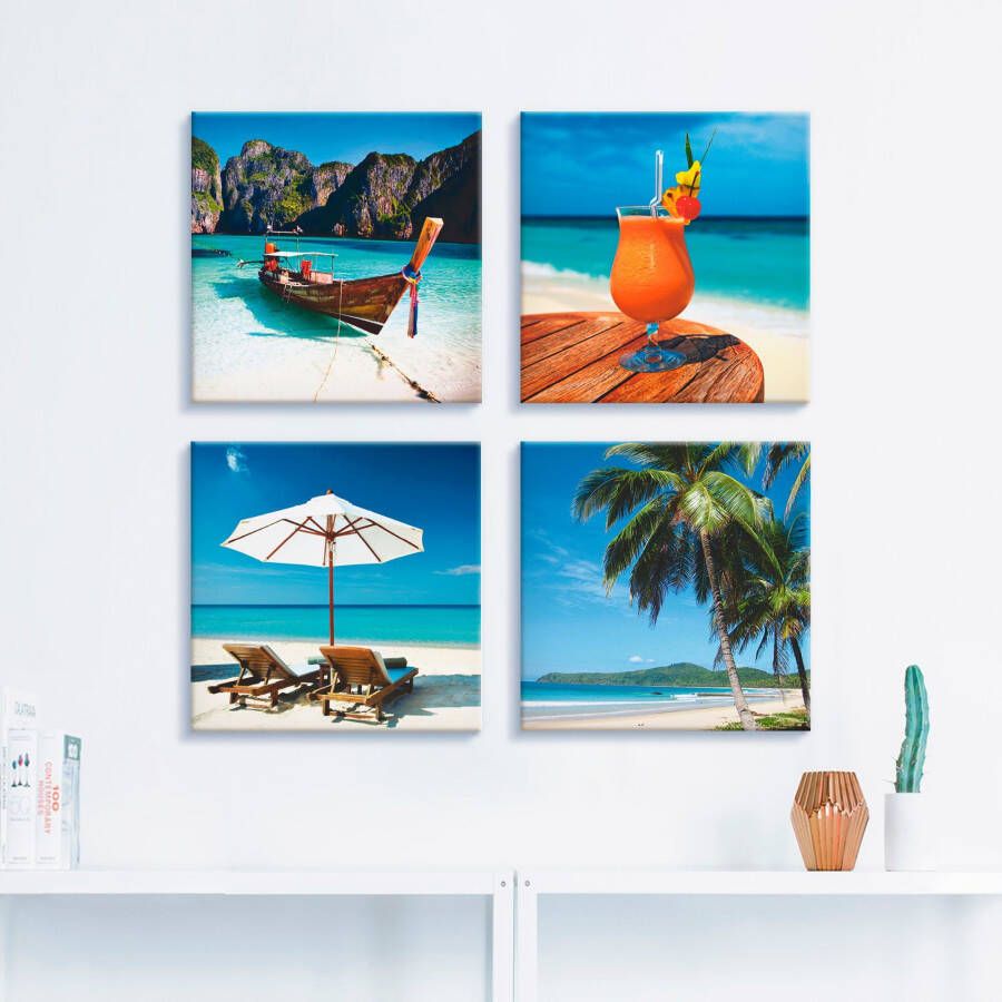 Artland Artprint op linnen Maya Bay fruitcocktail strand set van 4 verschillende maten (4-delig)