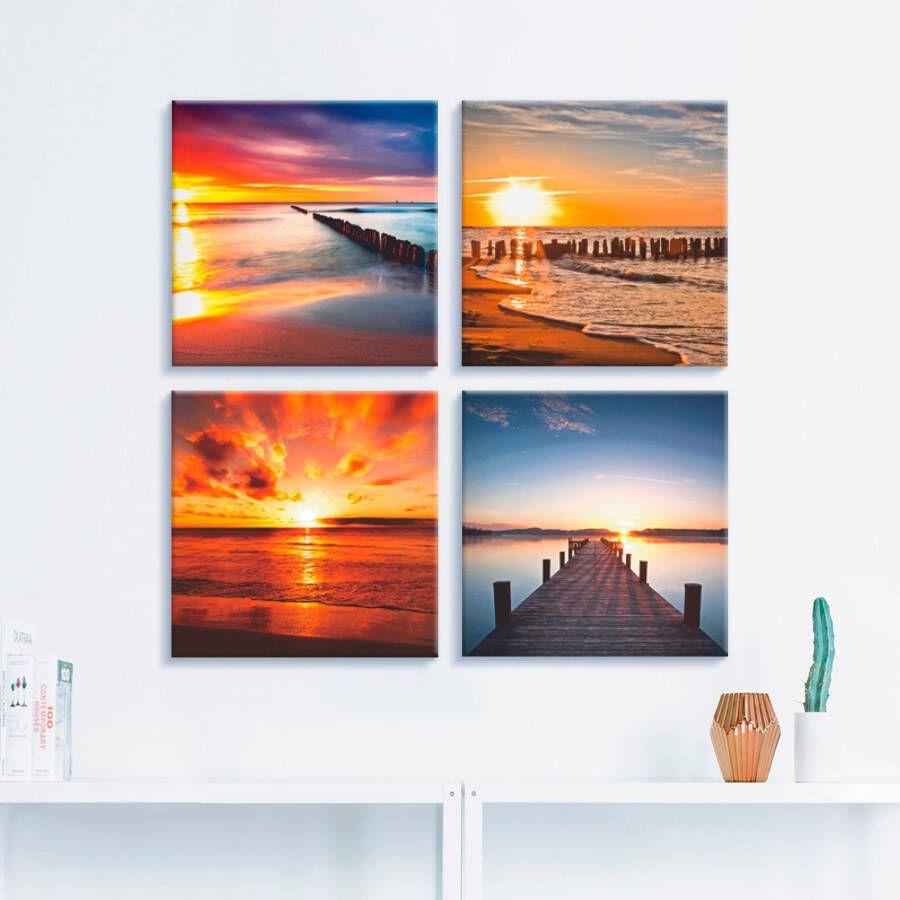 Artland Artprint op linnen Oostzee Strand zon zonsondergang (4-delig)