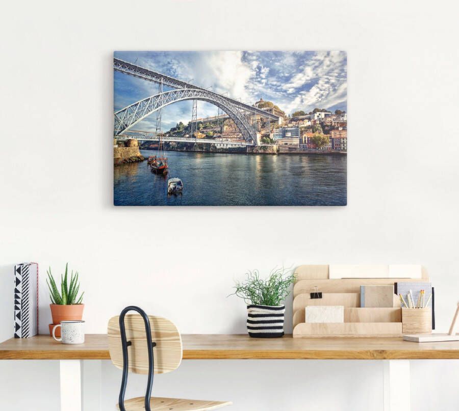 Artland Artprint op linnen Panorama Porto met Eiffel brug