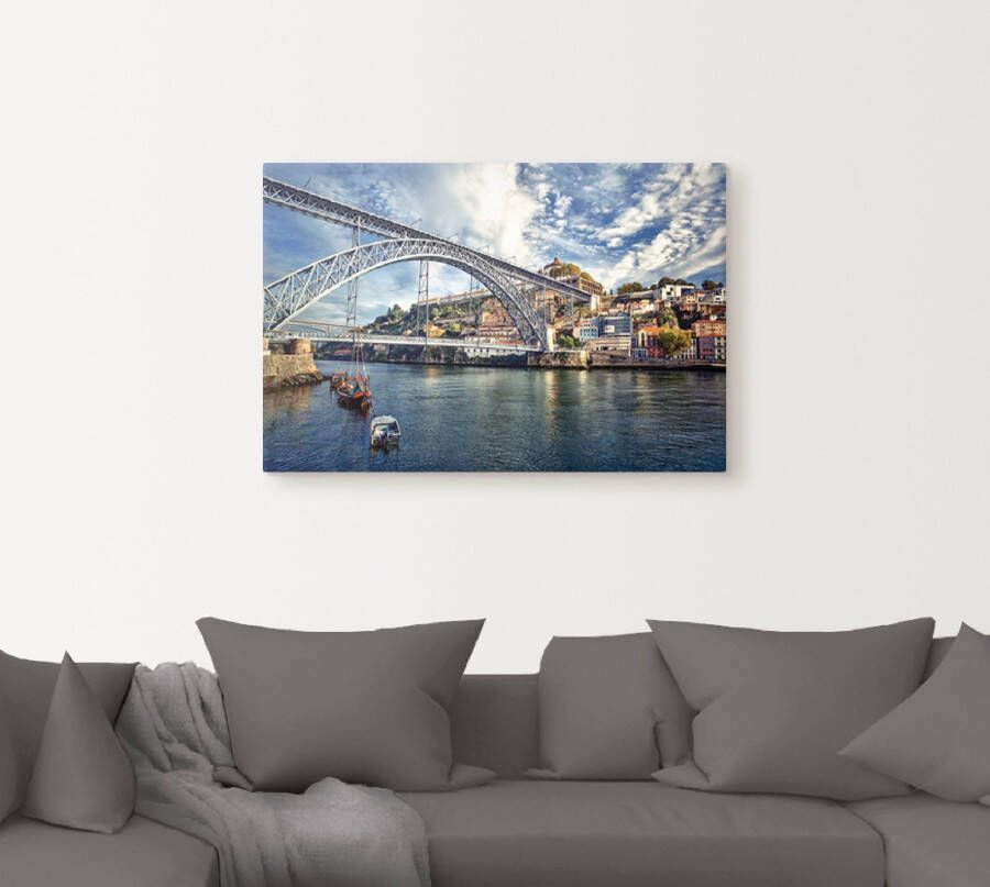 Artland Artprint op linnen Panorama Porto met Eiffel brug