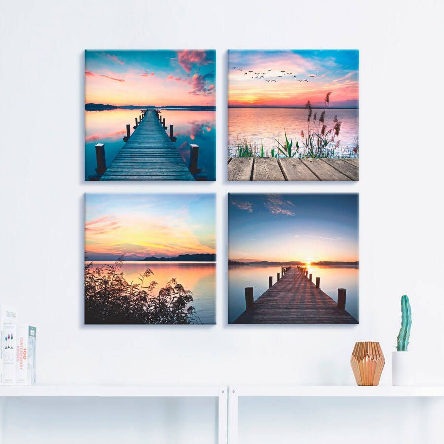 Artland Artprint op linnen Pier meer avondrood riet zonnestralen (4-delig)