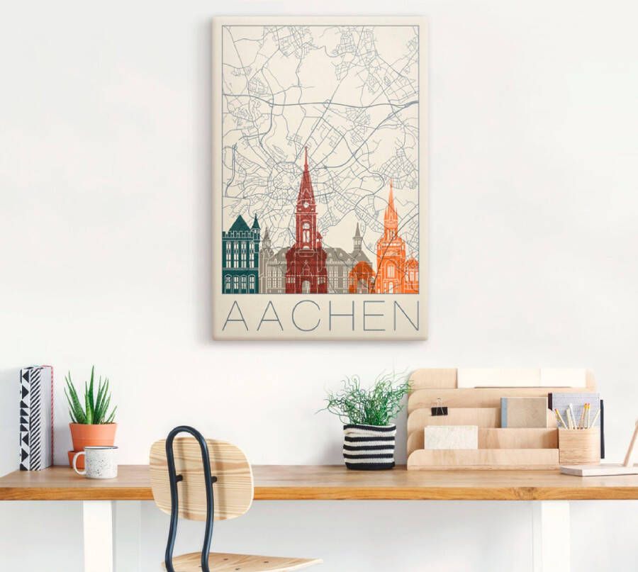 Artland Artprint op linnen Retro kaart Aken gespannen op een spieraam