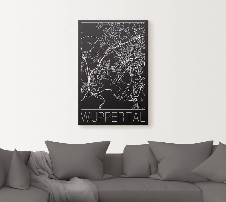 Artland Artprint op linnen Retro kaart Wuppertal zwart