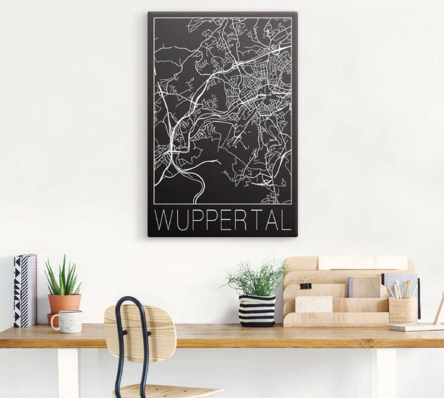 Artland Artprint op linnen Retro kaart Wuppertal zwart