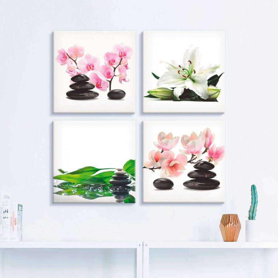 Artland Artprint op linnen Steen orchidee lelie spa bamboe magnolia (4 stuks)