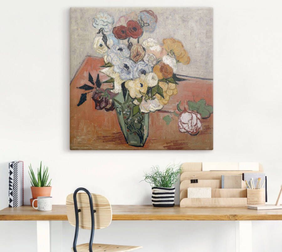 Artland Artprint op linnen Stilleven met Japanse vaas rozen en anemonen