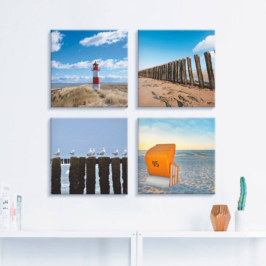 Artland Artprint op linnen Vuurtoren Sylt strand meeuwen strandstoel (4-delig)