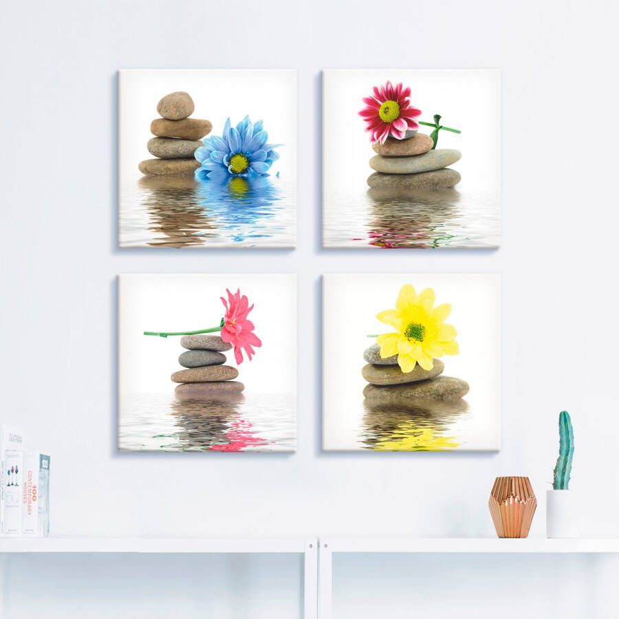 Artland Artprint op linnen Zen therapie-stenen met bloemen (4-delig)