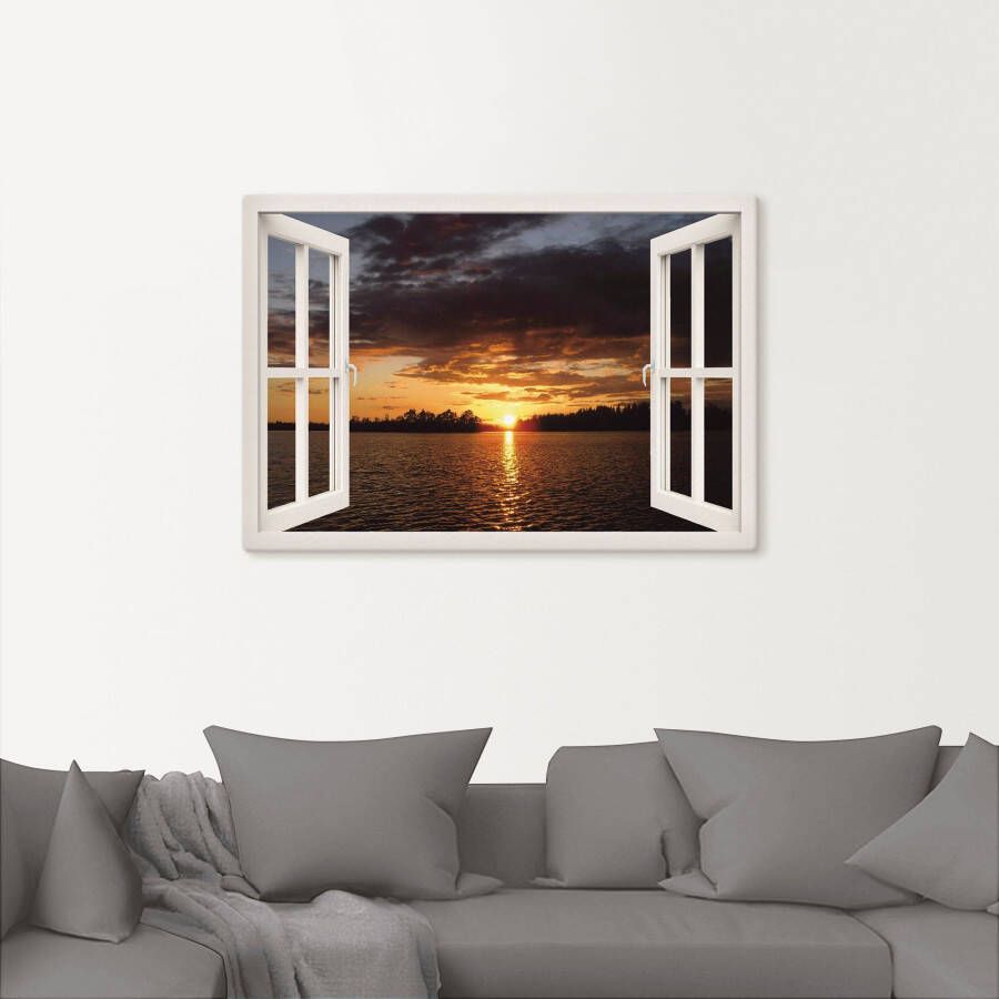 Artland Artprint op linnen Zonsondergang aan het meer met raam