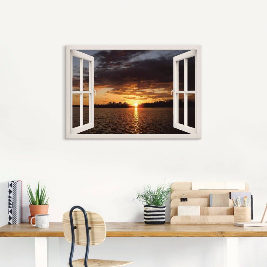 Artland Artprint op linnen Zonsondergang aan het meer met raam