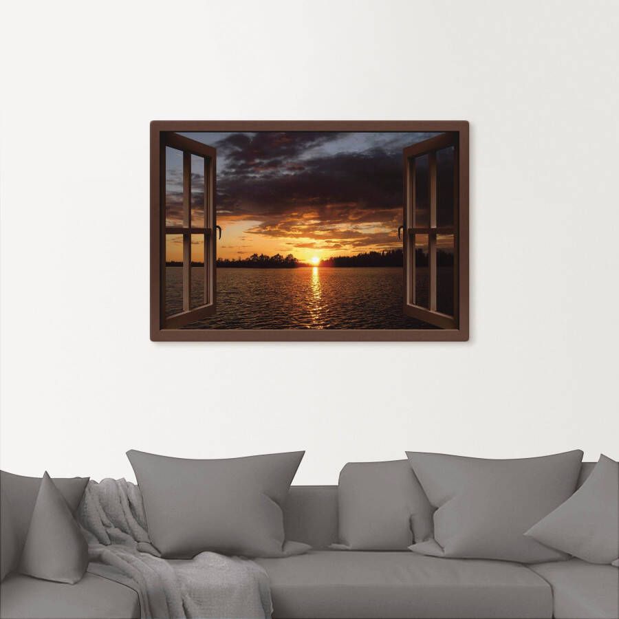 Artland Artprint op linnen Zonsondergang aan het meer met raam