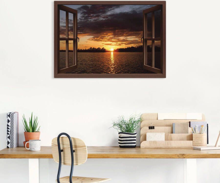 Artland Artprint op linnen Zonsondergang aan het meer met raam