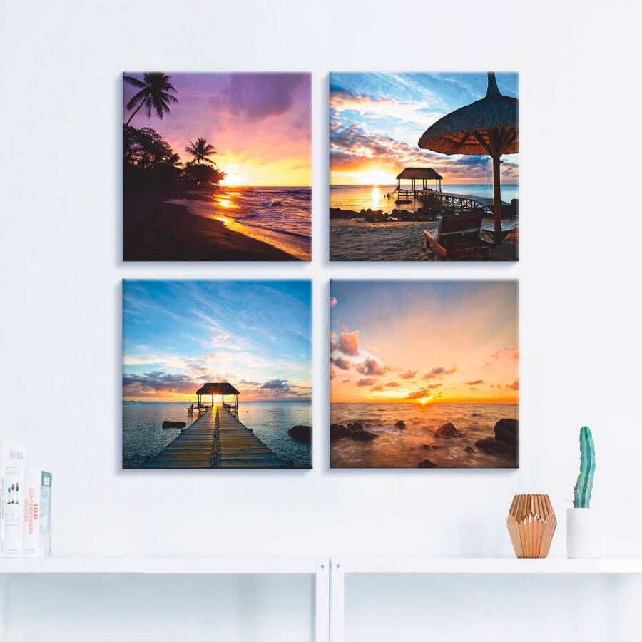 Artland Artprint op linnen Zonsondergang aan het strand set van 4 verschillende maten (4-delig)