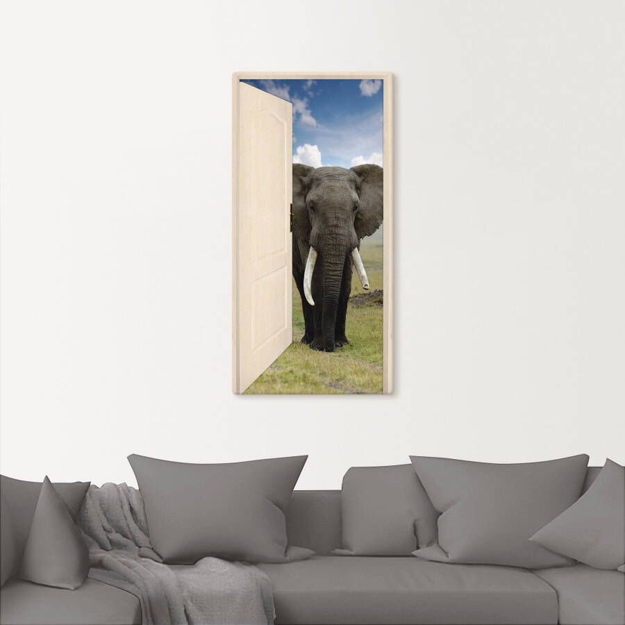 Artland Artprint Open witte deur met blik op olifant als artprint op linnen poster muursticker in verschillende maten