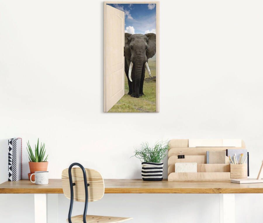 Artland Artprint Open witte deur met blik op olifant als artprint op linnen poster muursticker in verschillende maten