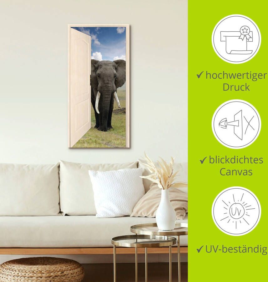 Artland Artprint Open witte deur met blik op olifant als artprint op linnen poster muursticker in verschillende maten