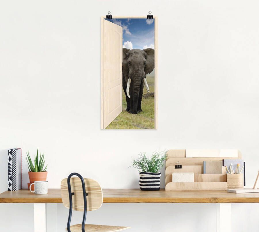 Artland Artprint Open witte deur met blik op olifant als artprint op linnen poster muursticker in verschillende maten