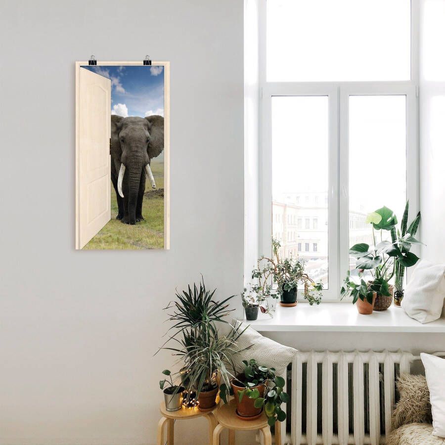 Artland Artprint Open witte deur met blik op olifant als artprint op linnen poster muursticker in verschillende maten